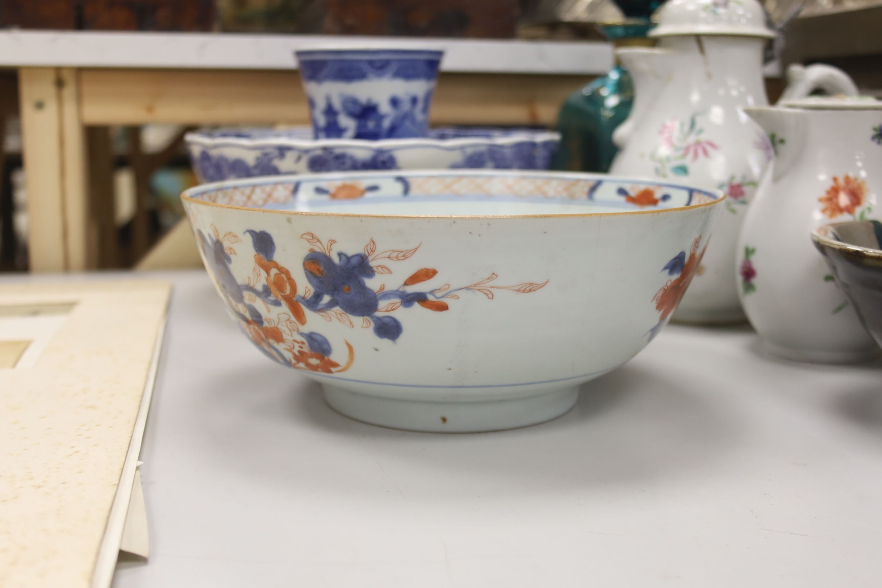 Sundry ceramics, including a studio pottery bowl, a Chinese export porcelain lidded coffee pot, a German porcelain lidded jug (a.f.), a Japanese blue and white dish, etc.